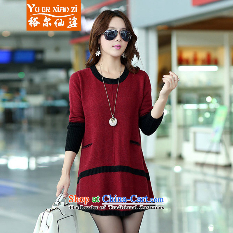 Yu's sin for2015 autumn and winter new Korean female clothes, forming loose knitting in long thick sweater jacket to xl female wine red3XL recommends that you preworked up catty