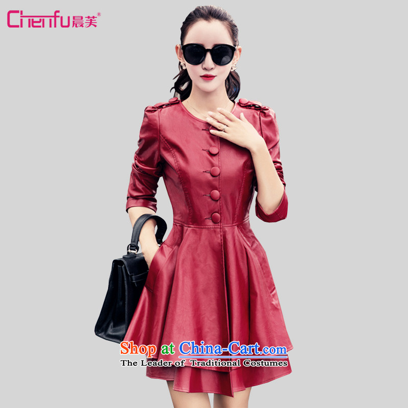 Morning to 2015 autumn and winter new to xl female fur overcoat single row detained windbreaker. long thin leather jacket Sau San video dark red jacket2XLrecommendations 130-140 catty