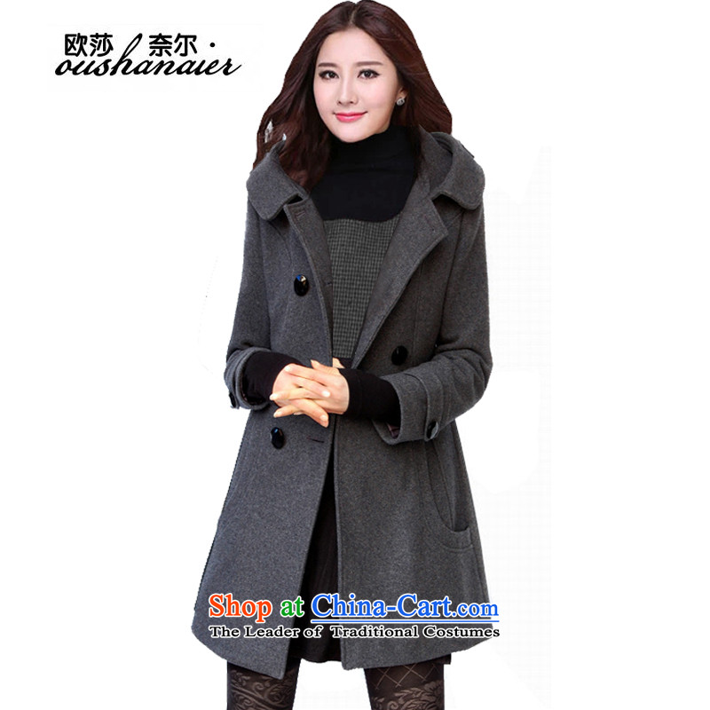 2015?WINTER Ms. new stylish temperament Cashmere wool coat long thickened? Warm Hoodie Gray?L