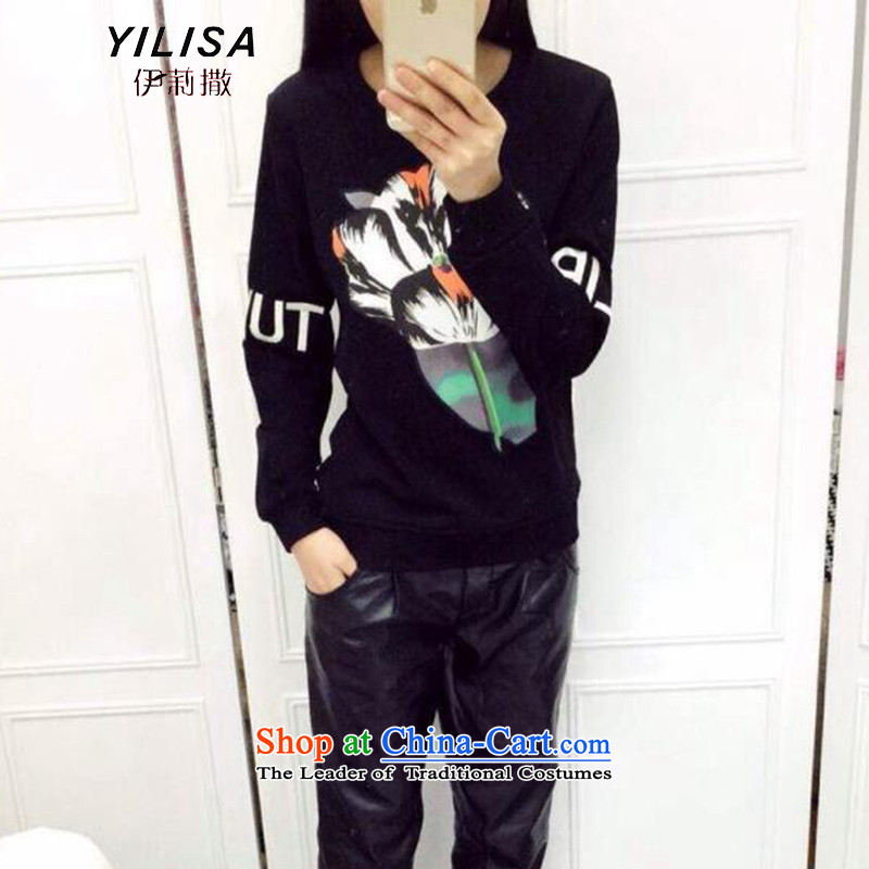 Elizabeth sub-to increase women's code NEW SHIRT autumn sweater 200 MM thick Korean catty Fall/Winter Collections embroidery stylish suite and Pure cotton T-shirt sweater 365 Black XXL, Elizabeth (YILISA sub-shopping on the Internet has been pressed.)