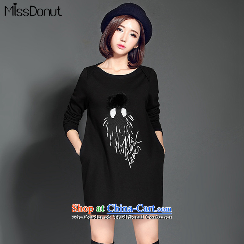 To increase the number missdonut female autumn and winter plus lint-free thick dresses in Korean long thick sister mma field skirt long-sleeved black women's dress code 4XL