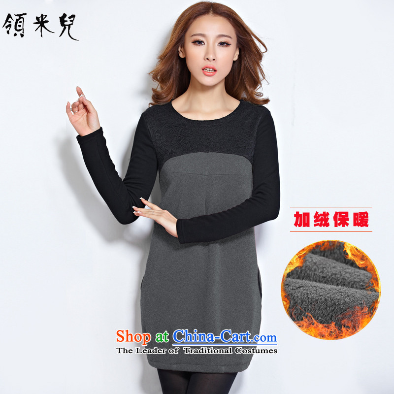 For M-?Large 2015 Women's autumn and winter new plus lint-free warm sweater thick mm video forming the thin air collision color stitching leisure long-sleeved dresses Y1178?3XL Gray