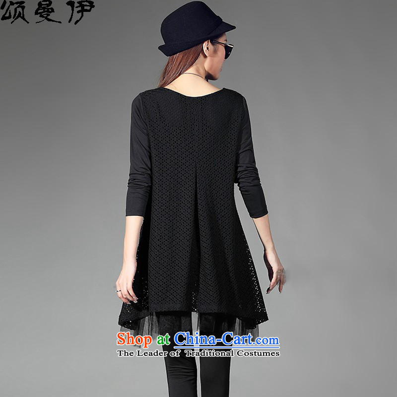 Chung Cayman El 2015 autumn and winter new Korean loose video thin thick mm larger female lace stitching leave two garment 6039 Black , L, Chung Cayman El , , , shopping on the Internet