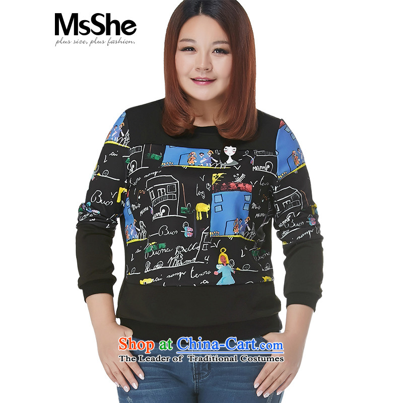 To increase the number msshe women 2015 new autumn and winter 200 catties knocked color round-neck collar thin sweater 10489 Graphics Black 6XL blue flowers