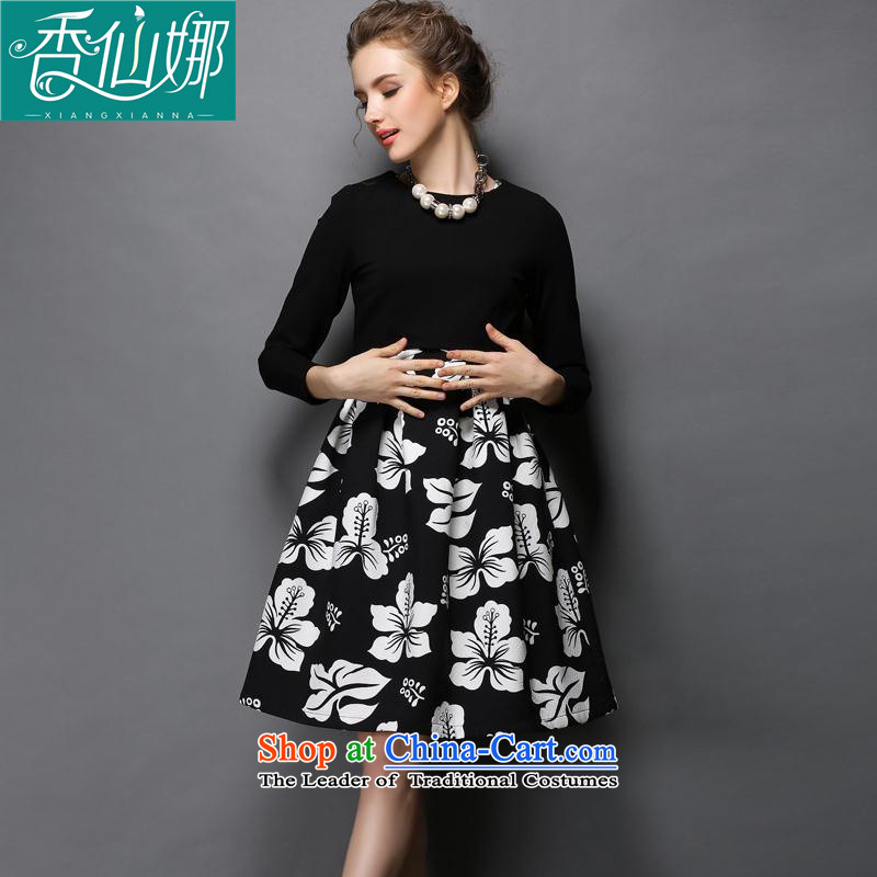 The Europe and sin-high-end 2015 autumn to replace xl plants stamp long-sleeved thick mm dresses female 200 catties video thin black large code 4XL