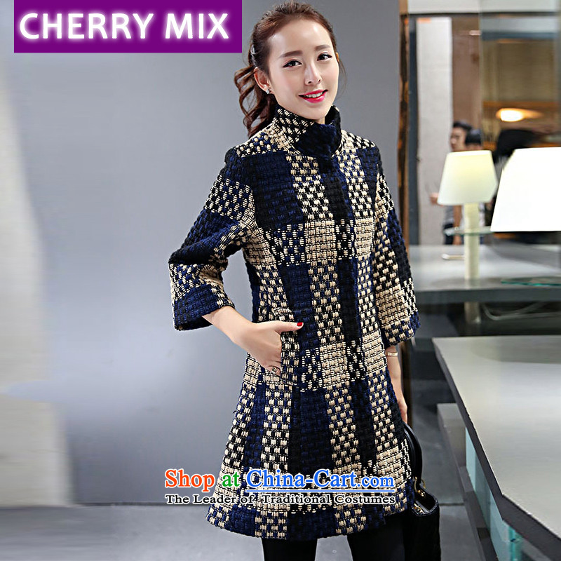 ?The new winter cherrymix tartan coats Korean in Sau San long-sleeved coarse wool terylene 7 sub-coats gross? female 9020 dark blue jacket?XL