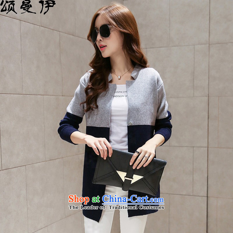 Chung Cayman El 2015 autumn and winter new Korean version long cardigan thick mm maximum number of ladies' knitted shirts sweater COAT 5220 Light Gray + navy blue XXL