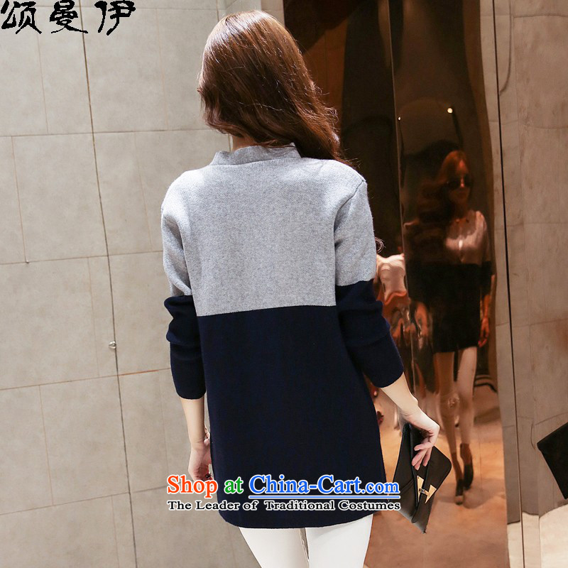 Chung Cayman El 2015 autumn and winter new Korean version long cardigan thick mm maximum number of ladies' knitted shirts sweater COAT 5220 Light Gray + navy blue XXL, Chung Cayman El , , , shopping on the Internet