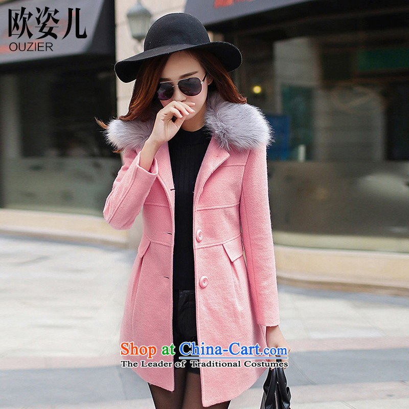 Gigi Lai Yee2015 OSCE autumn and winter new sweet Sau San? In Ms. gross jacket long hair for cap fox a wool coat pinkL
