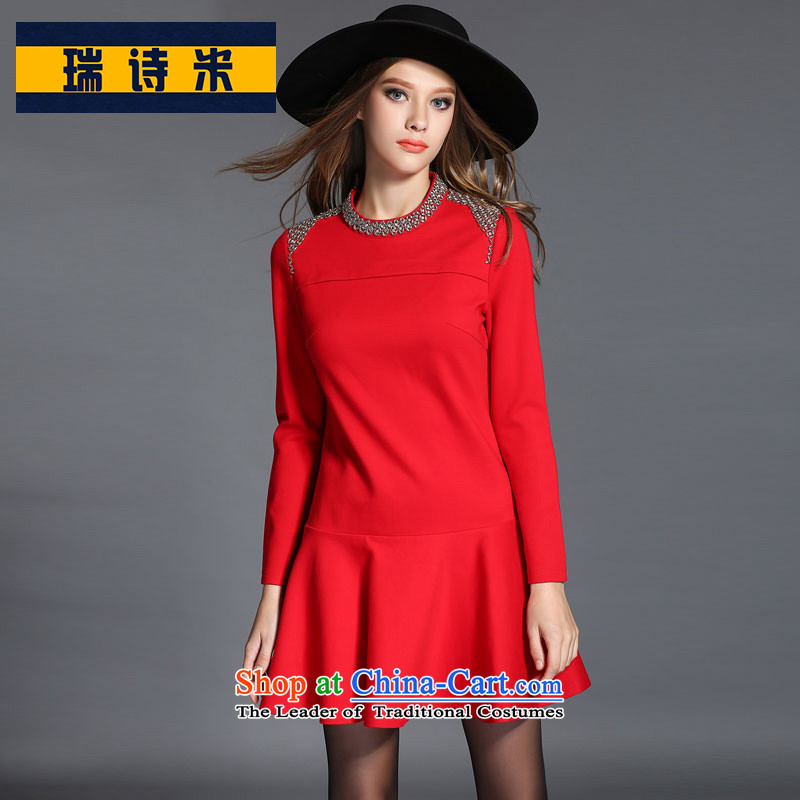 High-end to Europe and the process large fat mm thick women fall to increase expertise with sister 200 catties video thin skirt wear skirts winter dresses long-sleeved red?5XL round-neck collar