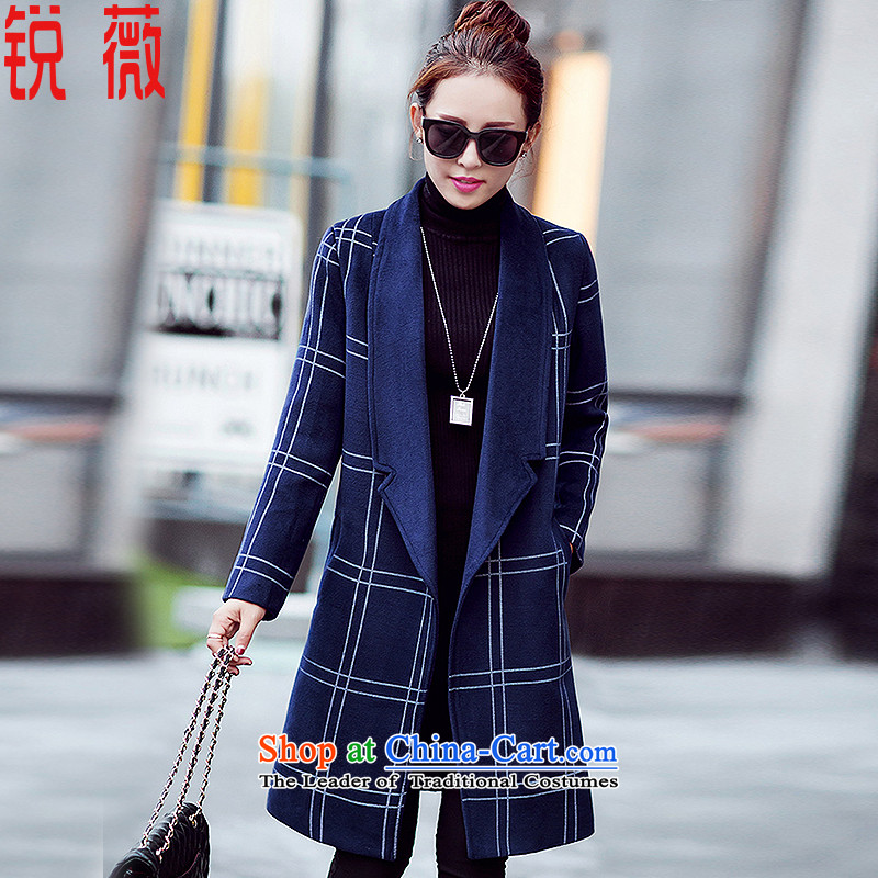 Ms Audrey EU 2015 autumn and winter vpro new Korean Ms. tartan child     in the jacket coat long hair? W175 navyL