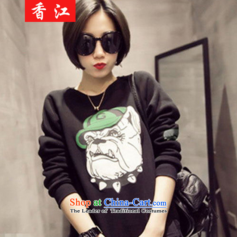 Xiang Jiang to increase women's code thick mm autumn replacing king code 200 catties obese children of long-sleeved T-shirt, forming the basis of stamp shirt thick sweater jacket?372?Black Large 5XL code