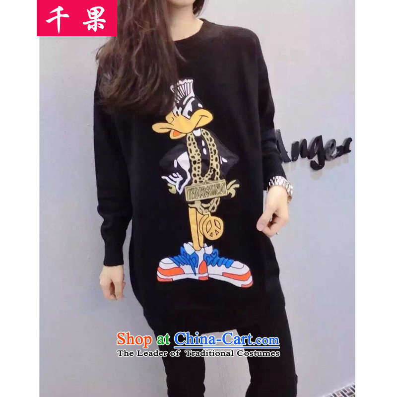 The results of the new Fall thousands of thick MM long-sleeved round-neck collar hedging cartoon stamp graphics thin sweater to intensify the long loose Knitted Shirt larger T-shirt 5798 Black5XL175-215 around 922.747