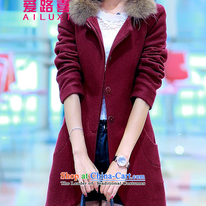 Love road-HI    2015 winter new Korean version in the thick of trendy thin dark deduction of Sau San video solid color round-neck collar plus Maomao wine red jacket coat? XXL, love road-hee (AILUXI) , , , shopping on the Internet