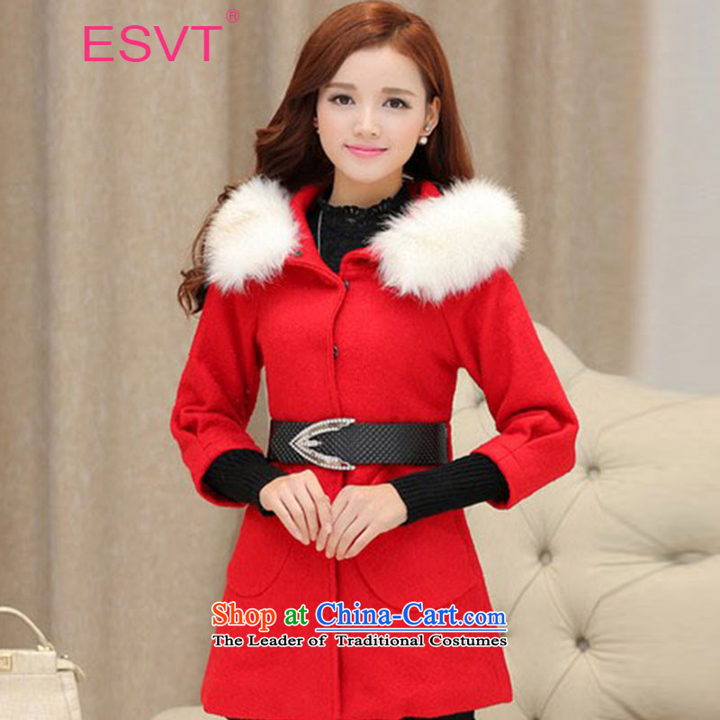 The Korean version of the 2015 Winter ESVT new coats Winter Female gross is stylish and simple graphics thin cuffs knitted Sau San stitching jacket with waistband high female wool collar RED?M