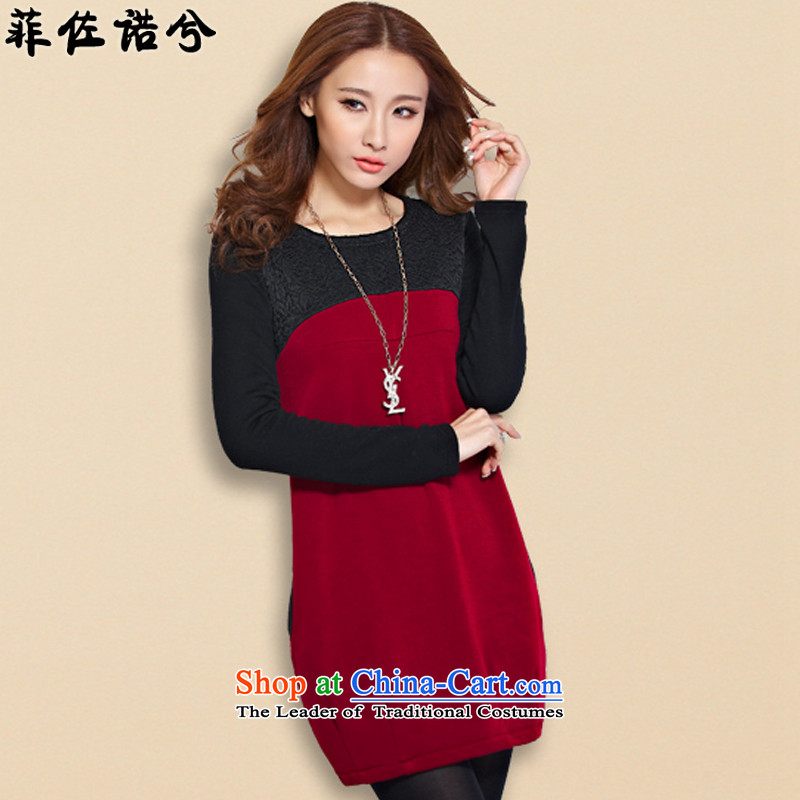 The officials of the fuseau larger female autumn and winter plus lint-free thick lace stitching long-sleeved dresses thick mm to xl short skirts wine red L