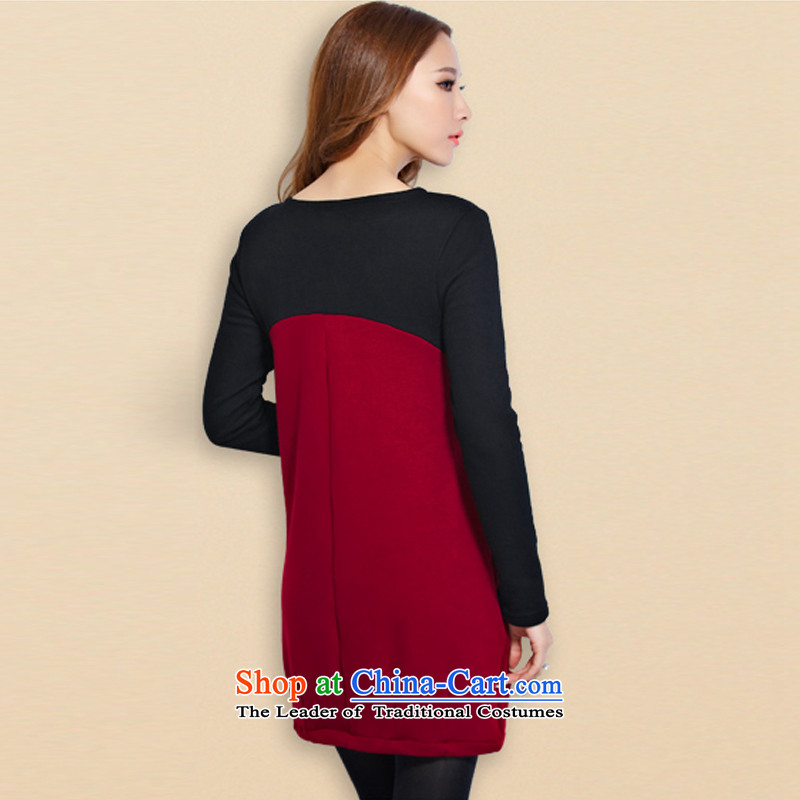 The officials of the fuseau larger female autumn and winter plus lint-free thick lace stitching long-sleeved dresses thick mm to xl short skirts wine red , L, the turbid fuseau shopping on the Internet has been pressed.
