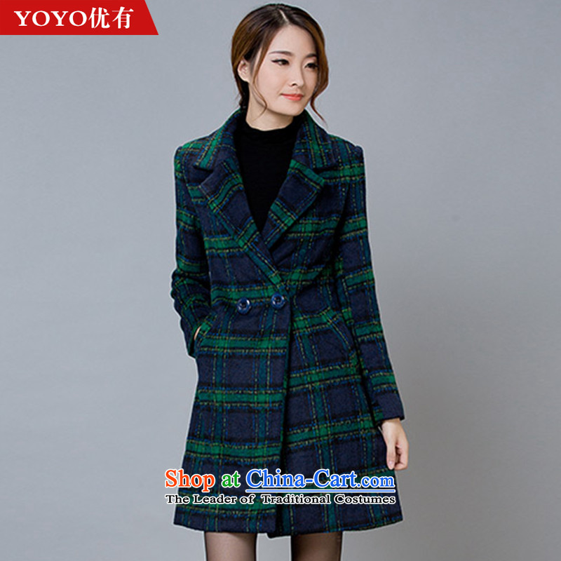 The YOYO optimization with 2015 new winter lapel latticed temperament gross V1678 female jacket? green tartan?XL