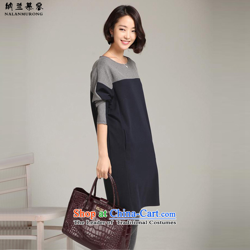 Naslin Murong Chan 2015 Fall/Winter Collections in the stitching new long skirt wear loose temperament larger female round-neck collar plus lint-free long-sleeved thick dresses 68232 plus lint-free/Blue 3XL 145-160, Lanna Murong Chan (nalan murong) , , , shopping on the Internet
