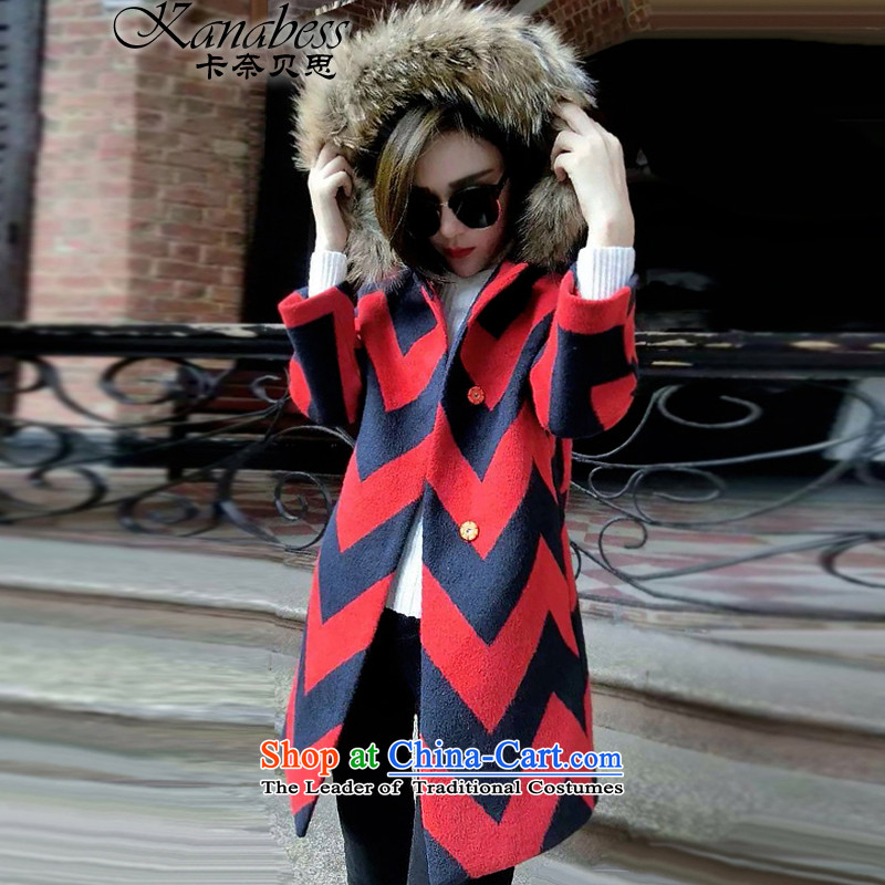 The Beth 2015 autumn and winter new Korean grid clip cotton waffle jacket, a long hair collar cap Sau San Mao coats female red blue? plaid plus?L