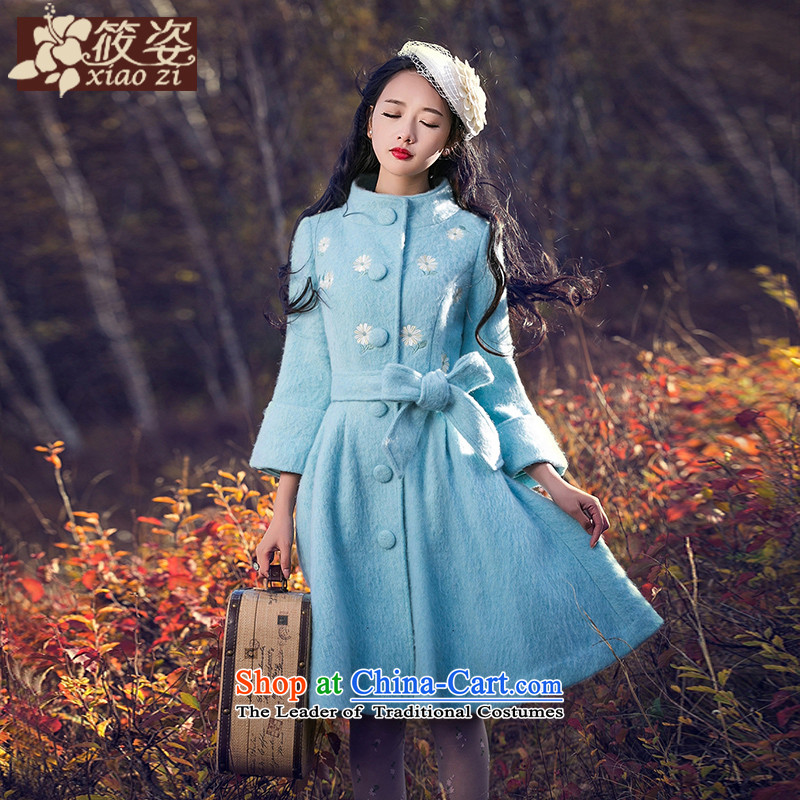 Gigi Lai Siu-ching-period 2015 winter new small collar embroidered 9 cuff gross?   Water Jacket coat retro Blue M pre-sale 35 days_
