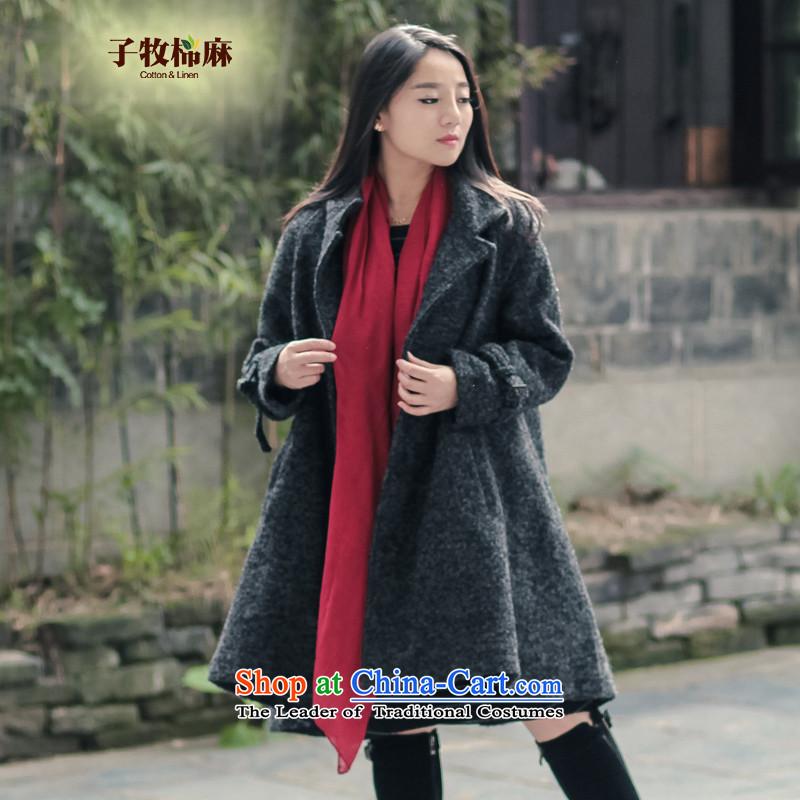 The sub-cotton linen 2015 winter new coats, wool? long warm casual relaxd larger wool coat 15198? black with gray?M