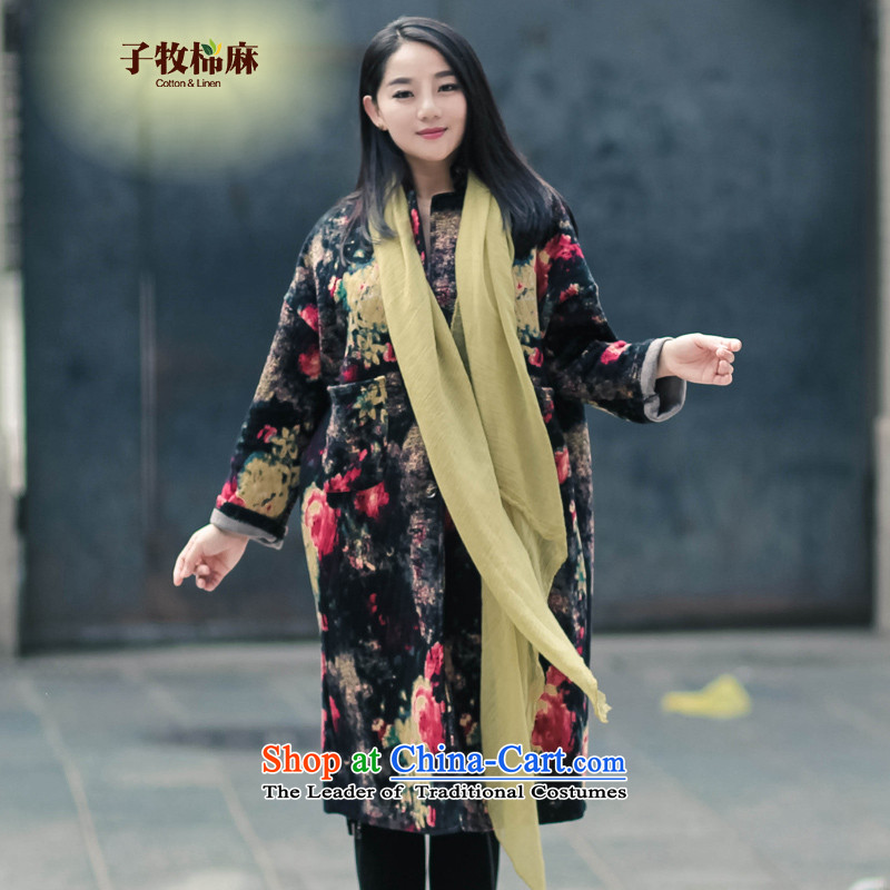 The sub-cotton linen2015 autumn and winter new ethnic stamp warm coat girl in older loose cotton coat large floral jacket 6682-1 black are code