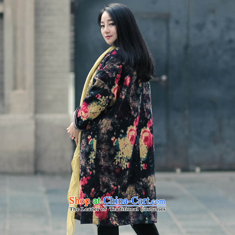 The sub-cotton linen 2015 autumn and winter new ethnic stamp warm coat girl in older loose cotton coat large floral 6682-1 jacket, sub-codes are black the cotton linen , , , shopping on the Internet