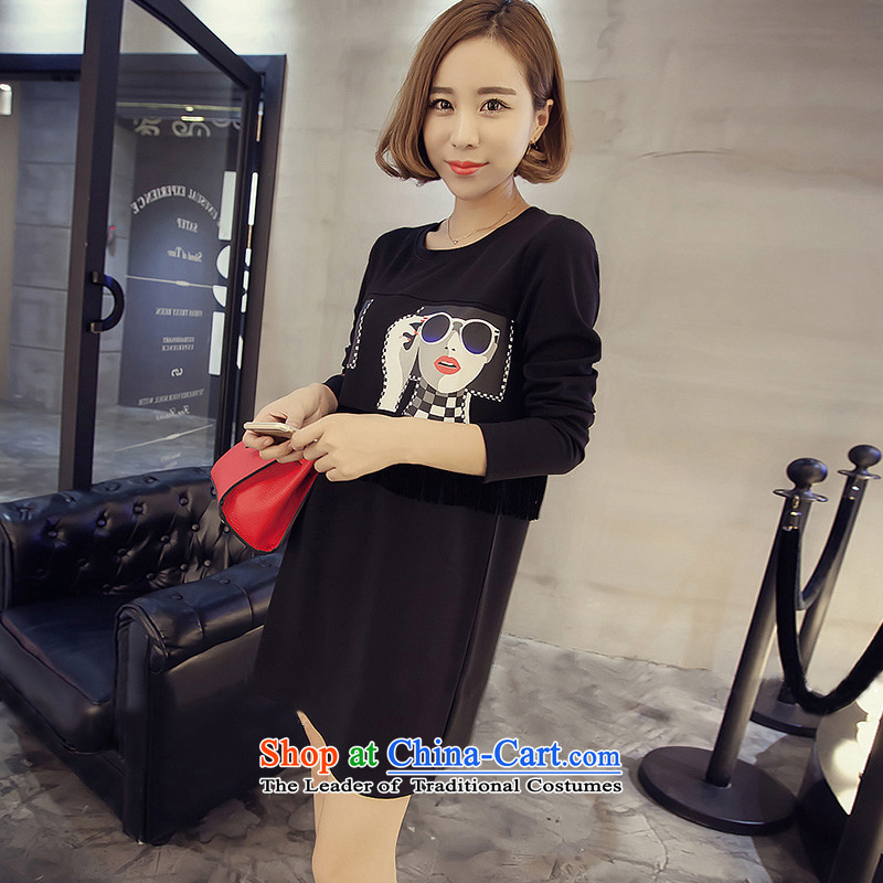 2015 Autumn and winter Zz&ff new Korean Version Stamp round-neck collar relaxd Sau San larger package and dresses in female long T-shirt, forming the Netherlands black XL(120-145 ),ZZ&FF,,, catty shopping on the Internet