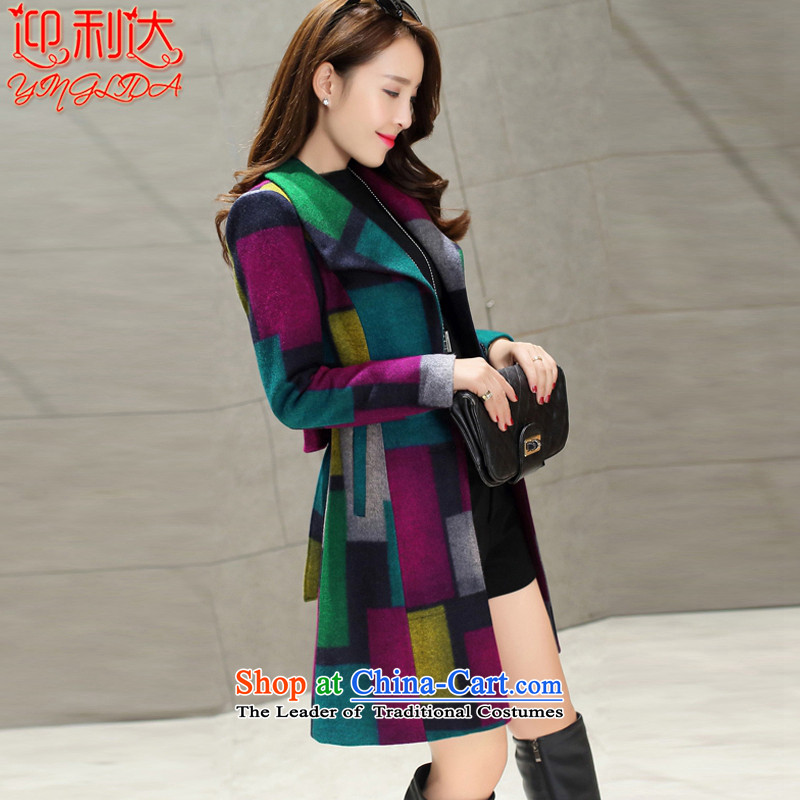 Welcome to the 2015 autumn and winter new stylish color grid in the plane collision Sau San long)? sub jacket coat women? gross blue patterned M welcome to Merida YINGLIDA) , , , shopping on the Internet