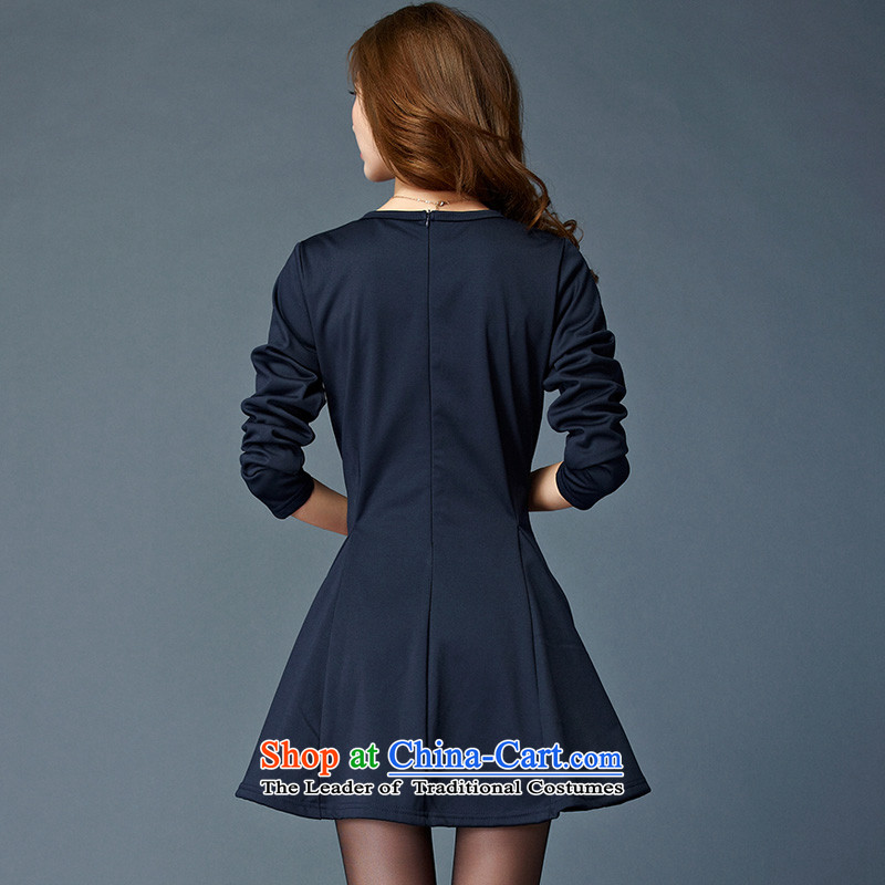Morning to 2015 autumn and winter large female new Korean fashion plain color plus gross lint-free warm dresses cotton A Skirt Rome round-neck collar long-sleeved short skirt navy 4XL RECOMMENDATIONS 150 - 160131, morning to , , , shopping on the Internet