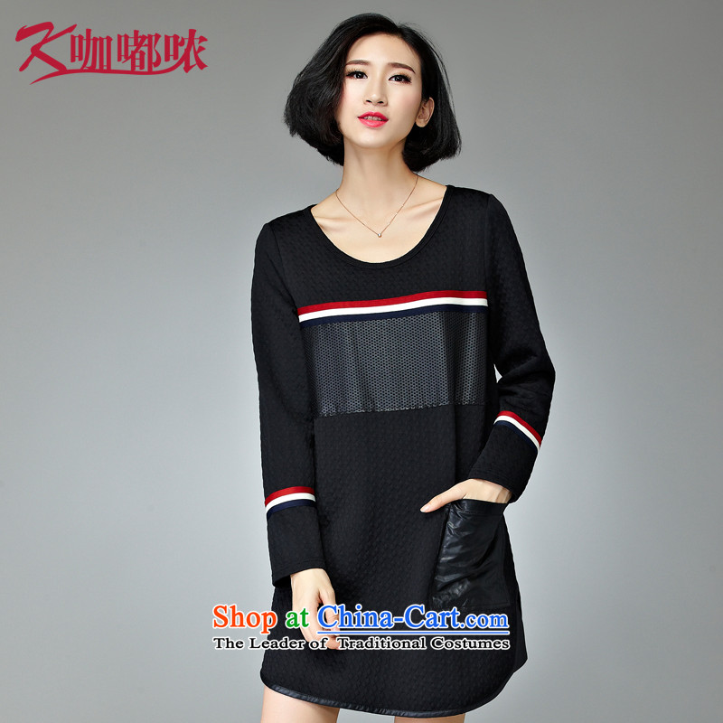 Curry murmured larger women's dresses autumn and winter new graphics to increase thin stylish blackXXL