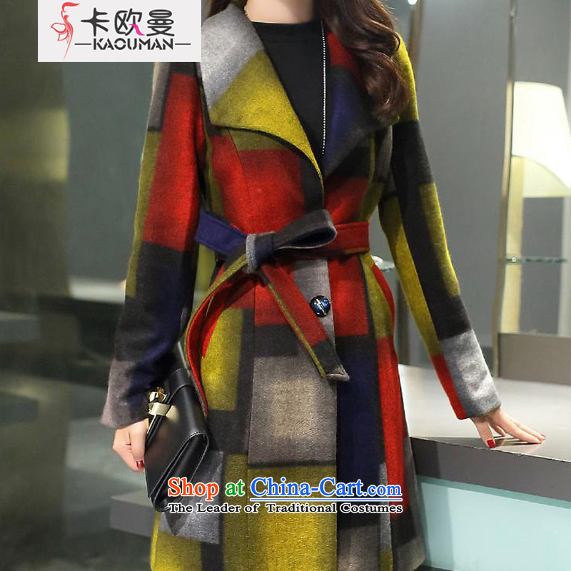 In Cayman 2015 winter clothing new Korean trendy colors in the Collision lapel long coats gross Small incense wind? waistband Grid Snap single row of coats yellow wool XL, card europe Cayman , , , shopping on the Internet