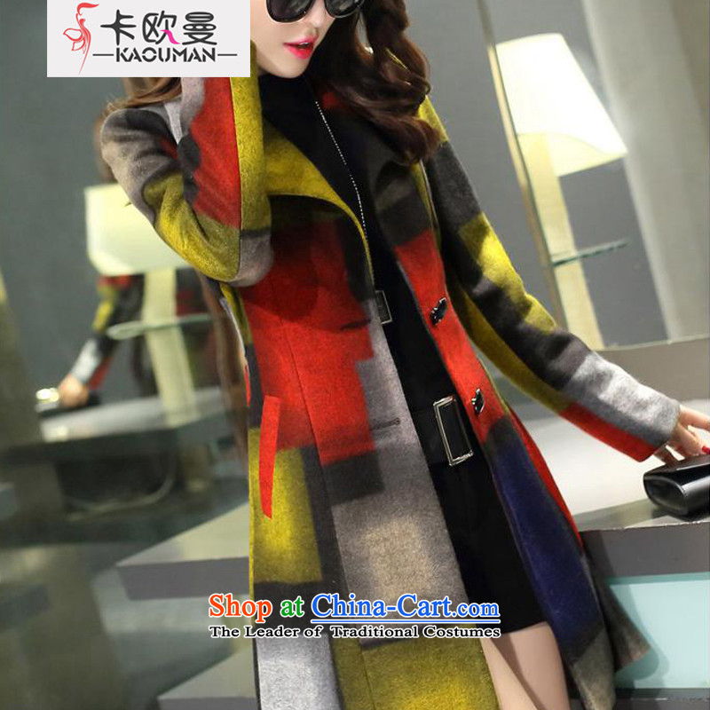 In Cayman 2015 winter clothing new Korean trendy colors in the Collision lapel long coats gross Small incense wind? waistband Grid Snap single row of coats yellow wool XL, card europe Cayman , , , shopping on the Internet