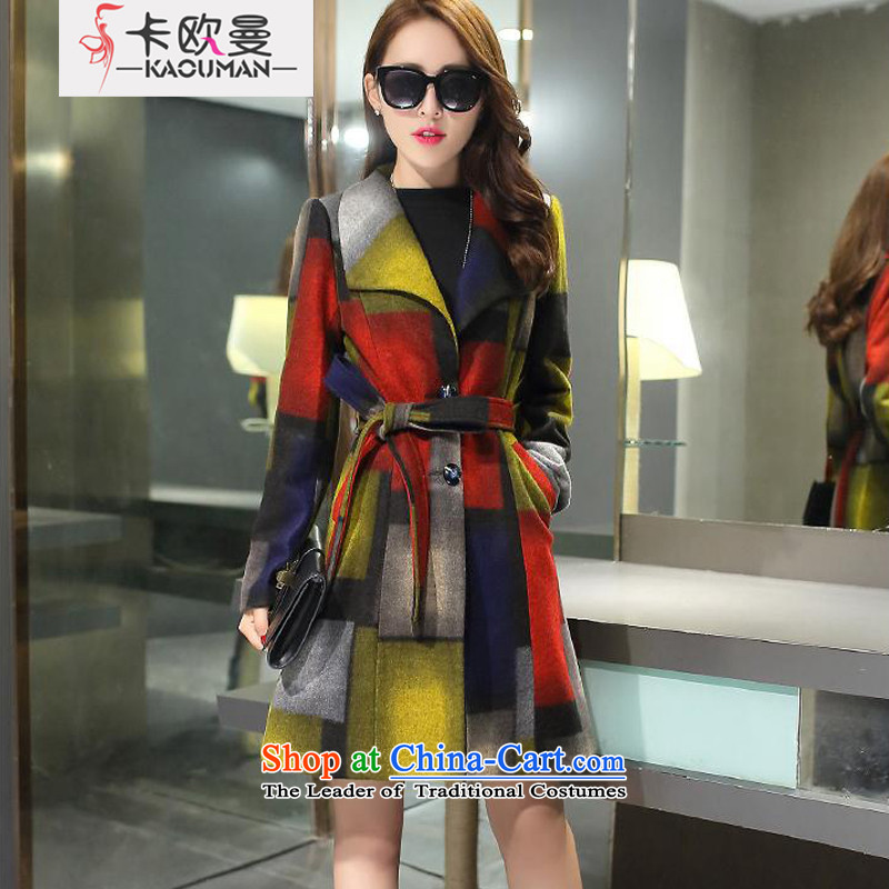 In Cayman 2015 winter clothing new Korean trendy colors in the Collision lapel long coats gross Small incense wind? waistband Grid Snap single row of coats yellow wool XL, card europe Cayman , , , shopping on the Internet