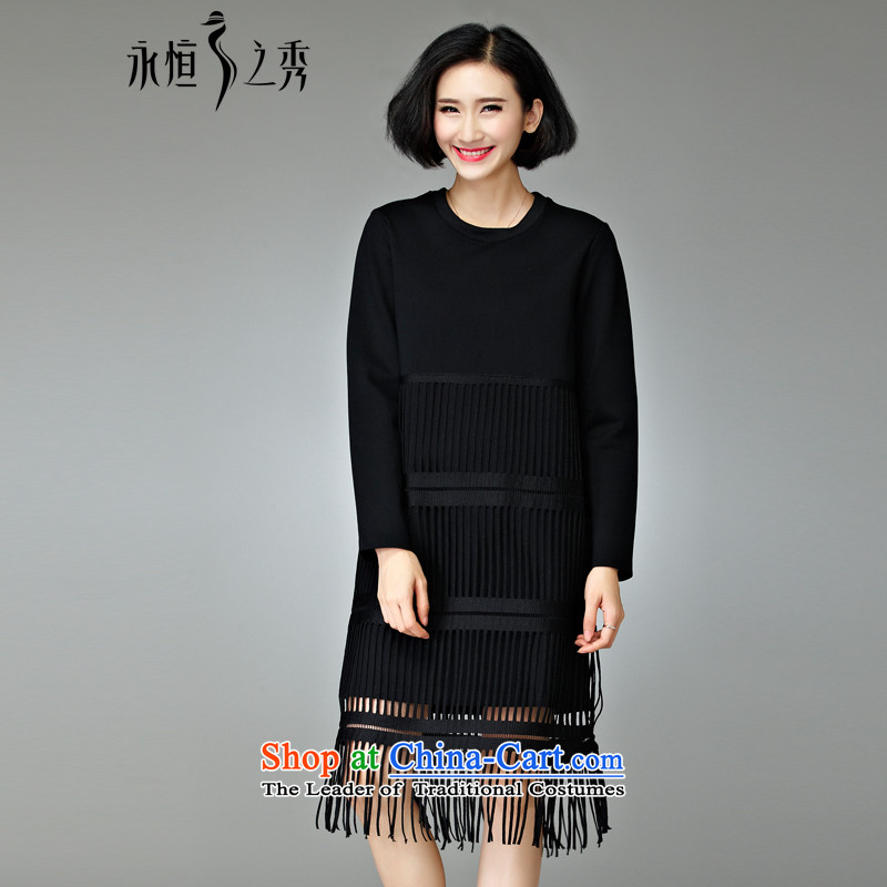 2015 Autumn and winter new products to xl long-sleeved dresses edging new mm female body decorated in rich graphics thin black?4XL