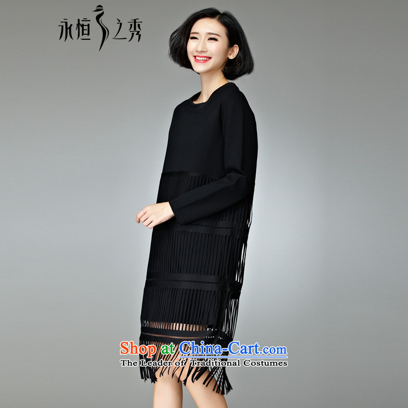 2015 Autumn and winter new products to xl long-sleeved dresses edging new mm female body decorated in rich graphics thin black 4XL, eternal Soo , , , shopping on the Internet