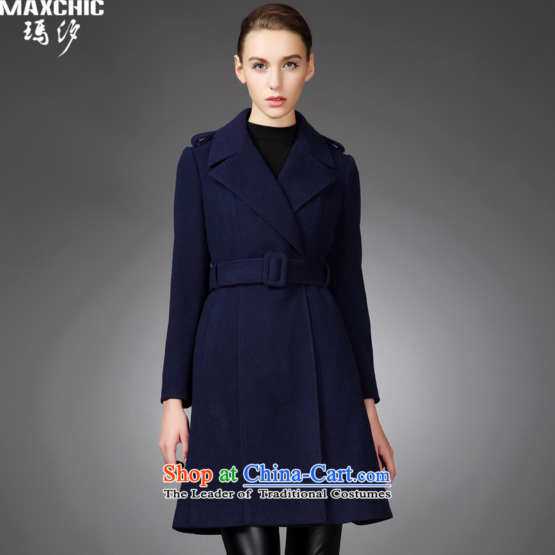 The elections of the same health maxchic stars Marguerite Hsichih 2015 winter minimalist large roll collar the cloth belt Sau San A swing wool coat female 21792? Blue?M