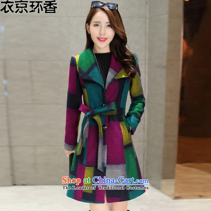 Yi Kyung Hyang-ring 2015 autumn and winter new women's a wool coat grid Jacket Color collision Sau San in long hair Y1262 jacket? Blue M