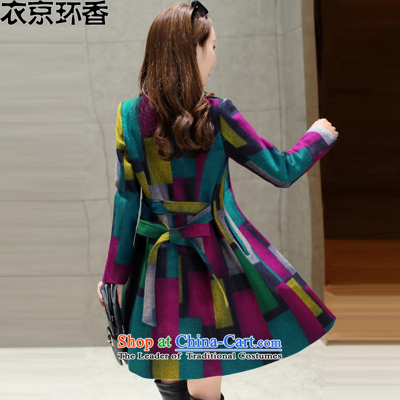 Yi Kyung Hyang-ring 2015 autumn and winter new women's a wool coat grid Jacket Color collision Sau San in long hair Y1262 jacket Blue M, then Yi Kyung Hyang-ring , , , shopping on the Internet