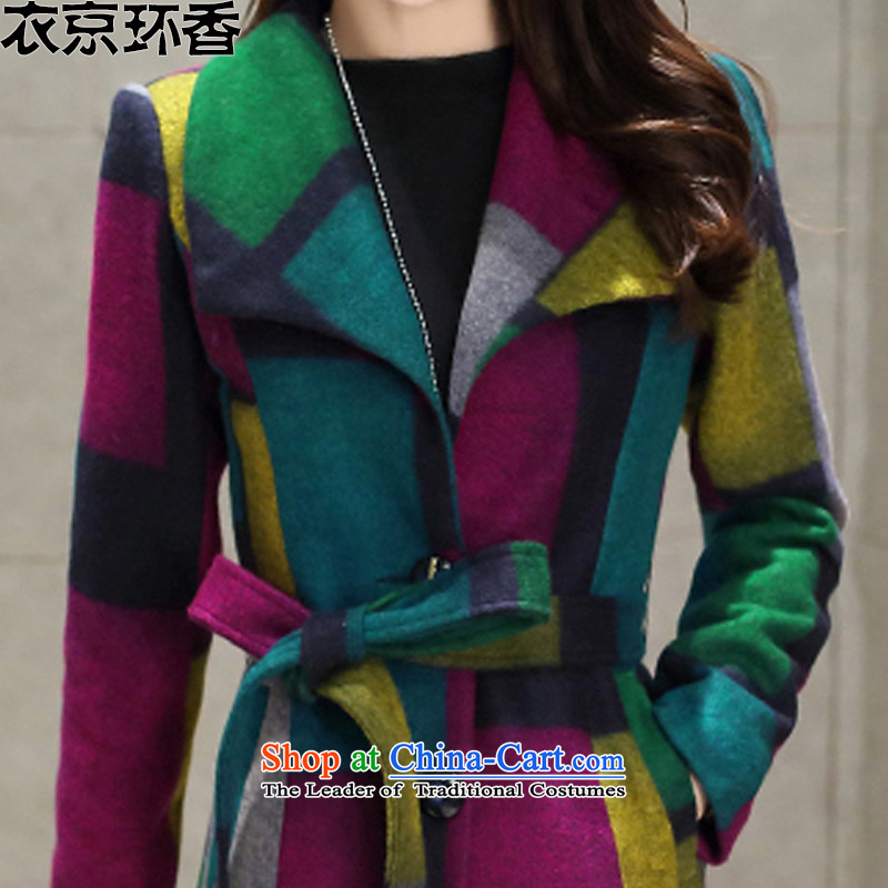 Yi Kyung Hyang-ring 2015 autumn and winter new women's a wool coat grid Jacket Color collision Sau San in long hair Y1262 jacket Blue M, then Yi Kyung Hyang-ring , , , shopping on the Internet