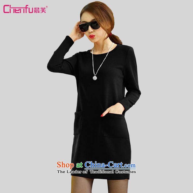 Morning to 2015 autumn and winter female new ultra large lady knitted dresses round-neck collar stylish long-sleeved solid color coated apron long black shirt3XL_ forming the recommendations 150-165catties_