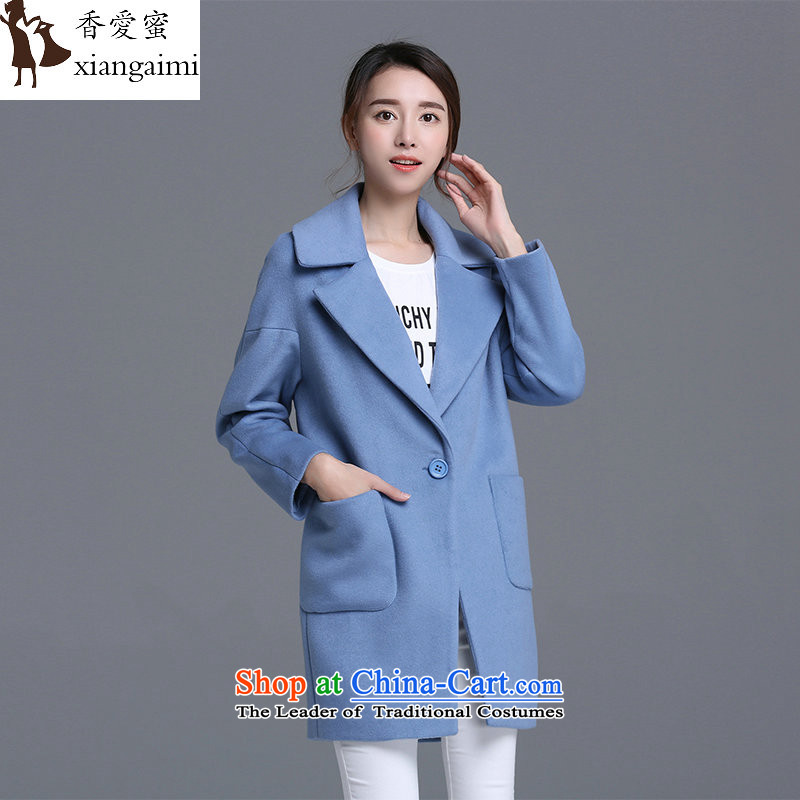 The Champs Elysees Honey Love 2015 autumn and winter new large arts van pure color jacket fashion?   gross over the medium to longer term, weigh the detained pockets wool a wool coat female Blue?M