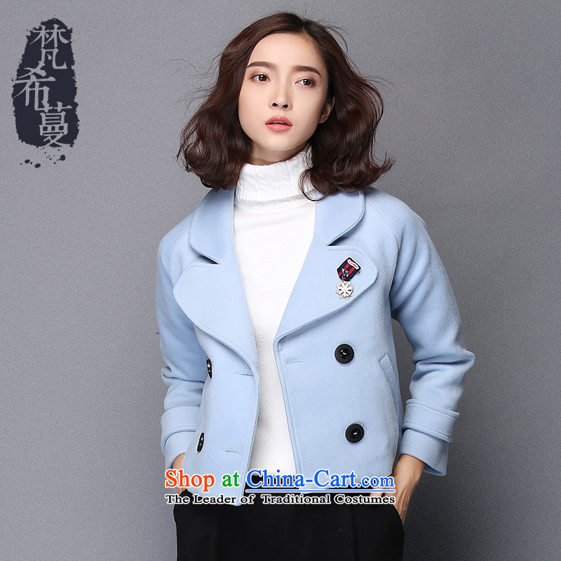 The Greek Golden Harvest Year 2015 Van Gogh autumn and winter new sweet temperament pure color large roll collar long-sleeved jacket? female gross distribution? 66019 CLIP,?light blue?M