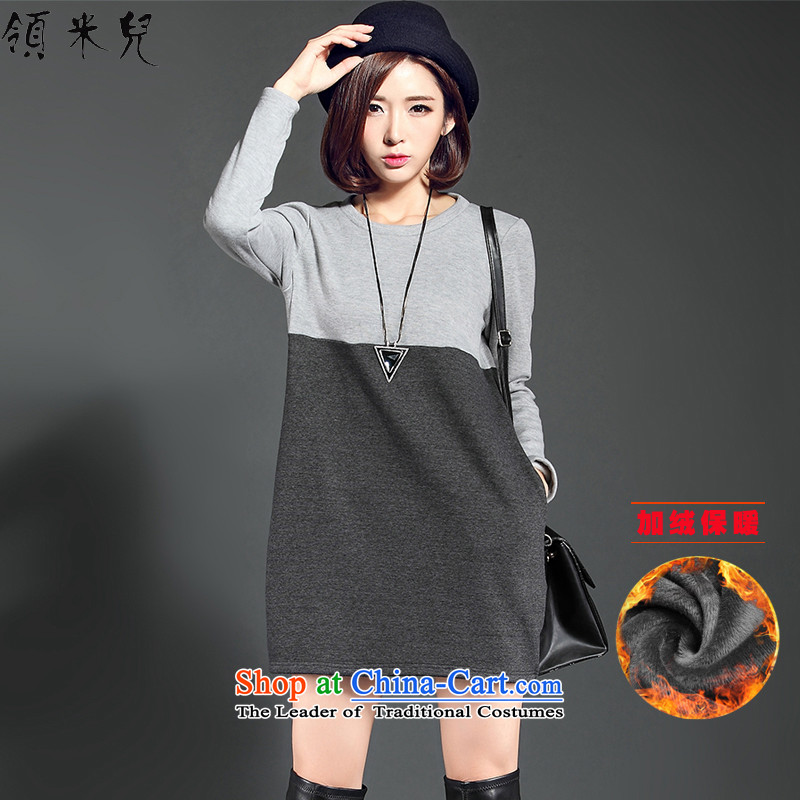 For M-Large 2015 Fall_Winter Collections for women to new xl plus lint-free color plane stitching thick simple dresses W2083 long-sleeved gray4XL