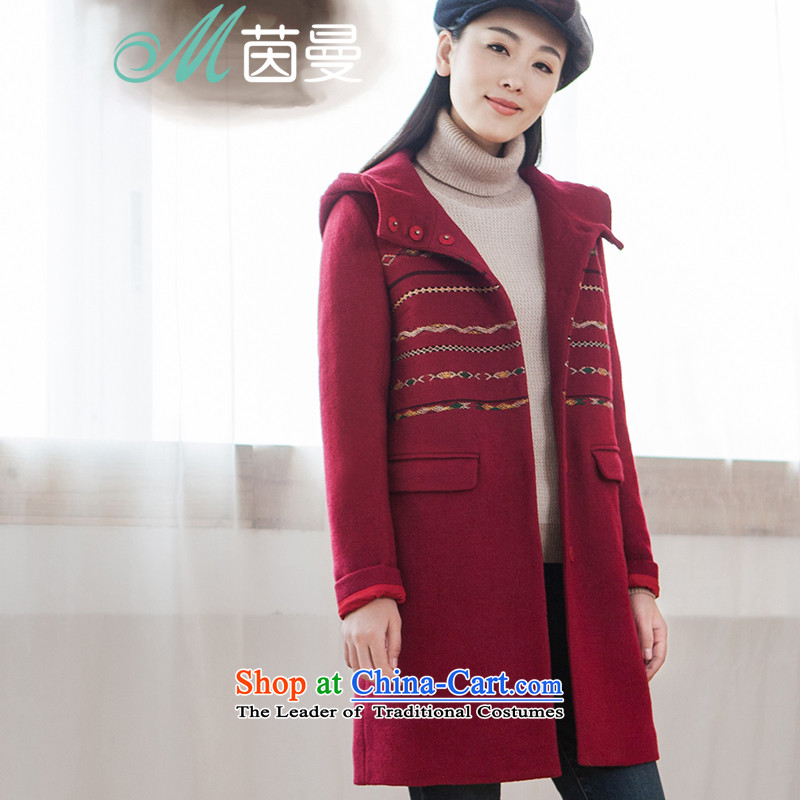 Athena Chu Cayman 2015 winter clothing new national embroidered cap long_?? dark red jacket coat M