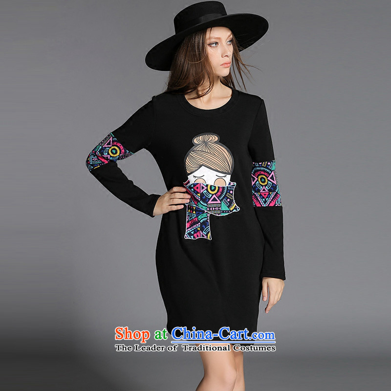 The Europe and improving access 2015 autumn and winter new plus lint-free large thick female thick mm cartoon stamp forming the long-sleeved dresses Z-2151 black 4XL, MUFUNA improving access () , , , shopping on the Internet