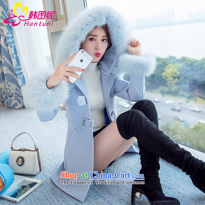 Korean figure Connie Winter 2015 new sweet scent of small wind jacket girl in gross? Long Korean large Sau San female thick fox gross collar cap pink coat Blue?M?