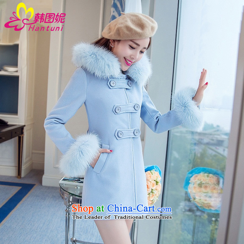 Korean figure Connie Winter 2015 new sweet scent of small wind jacket girl in gross? Long Korean large Sau San female thick fox gross collar cap pink coat Blue M Won? figure HANTUNI stephanie () , , , shopping on the Internet