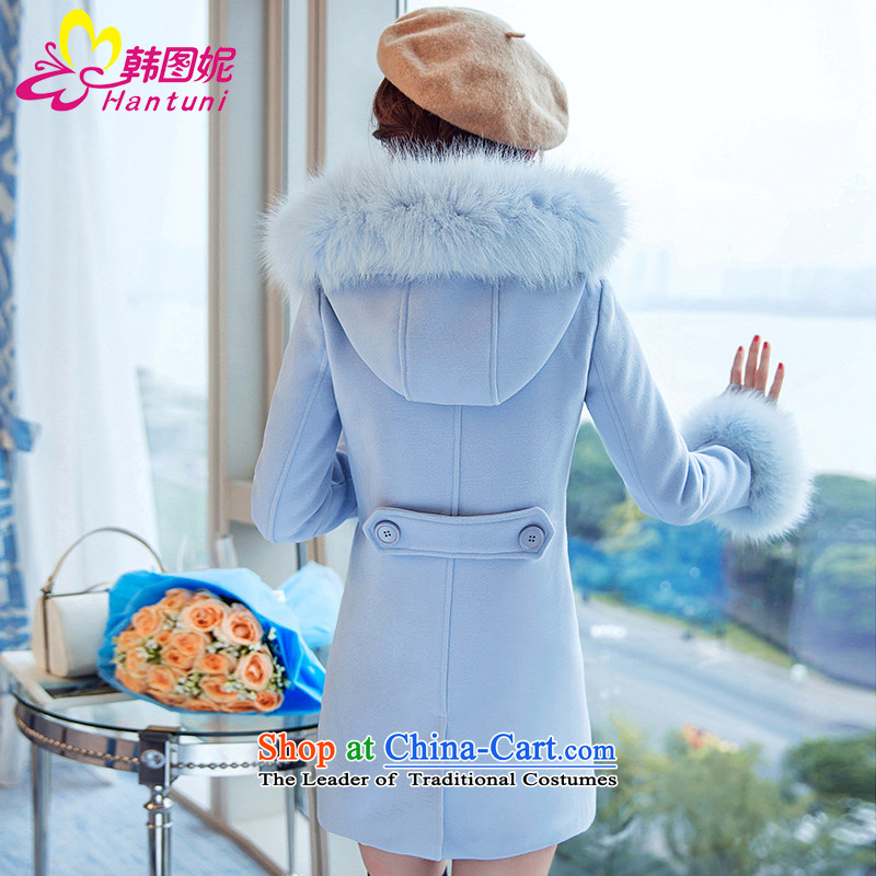 Korean figure Connie Winter 2015 new sweet scent of small wind jacket girl in gross? Long Korean large Sau San female thick fox gross collar cap pink coat Blue M Won? figure HANTUNI stephanie () , , , shopping on the Internet